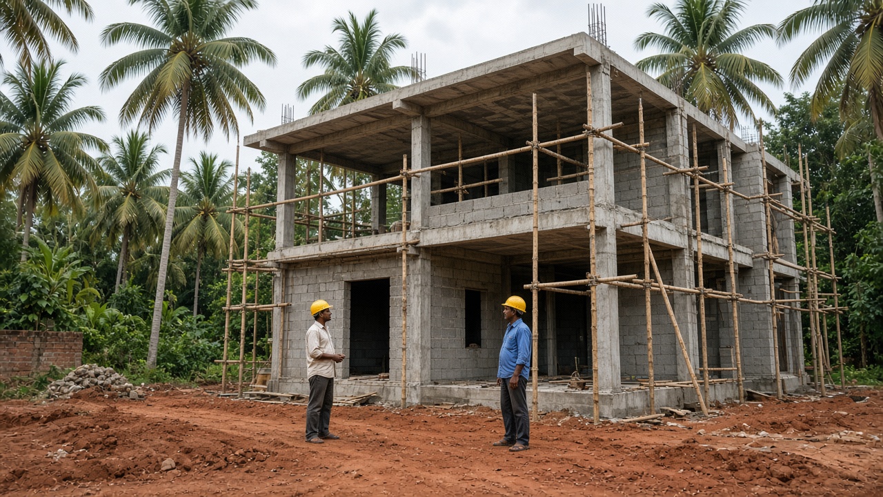 A Kerala concrete house under construction, with columns, a flat slab, and coconut palms