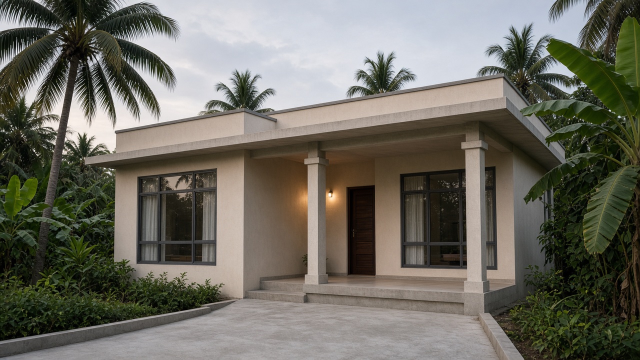 A modern Kerala concrete house with a flat roof, porch, and coconut palms