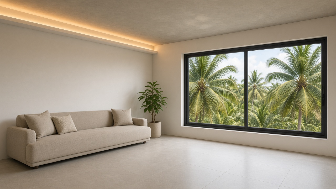 A living room in a Kerala concrete house, with a flat ceiling and coconut palms outside
