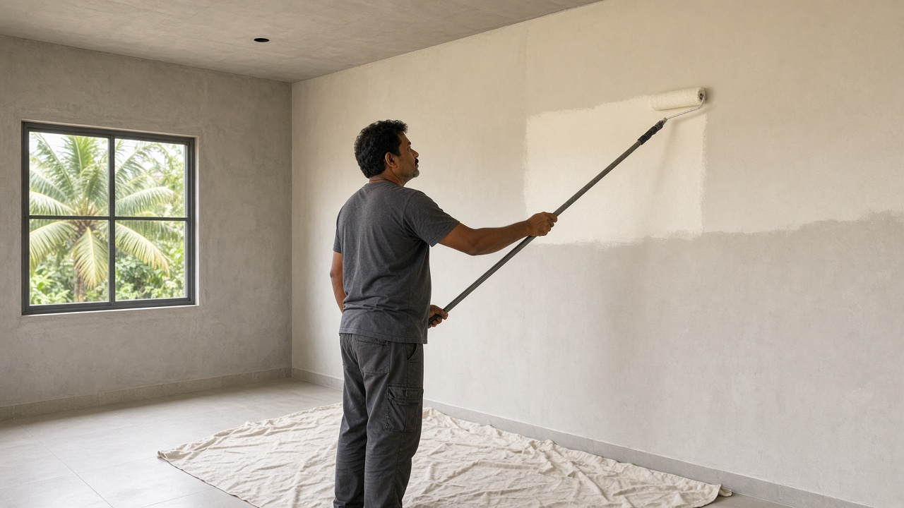A painter coating a wall inside a Kerala concrete house