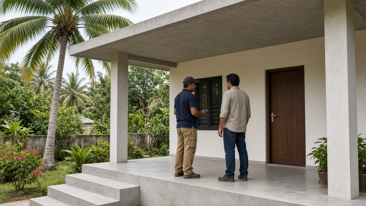 Two people talking on the concrete porch of a Kerala house