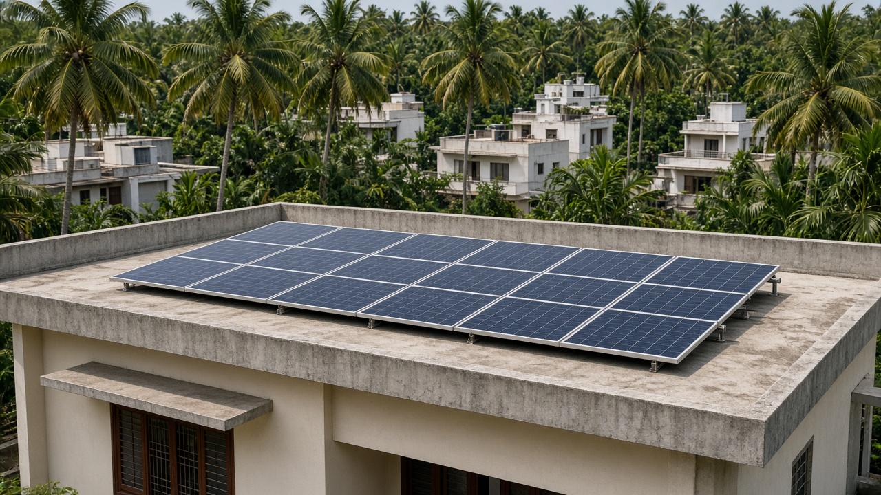 Solar panels on the flat concrete terrace of a Kerala house