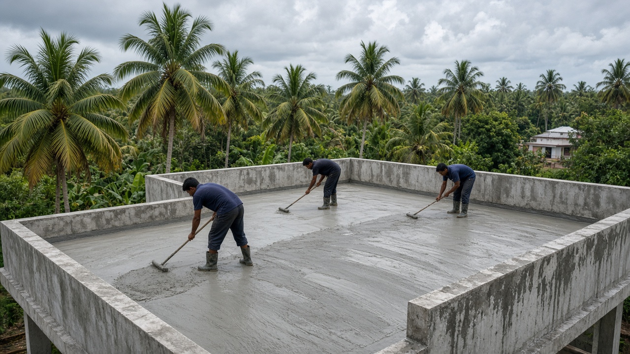 Workers coating the flat concrete terrace of a Kerala house